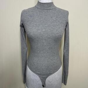 Naked Wardrobe Grey Ribbed Knit Long Sleeve Bodysuit Sz M